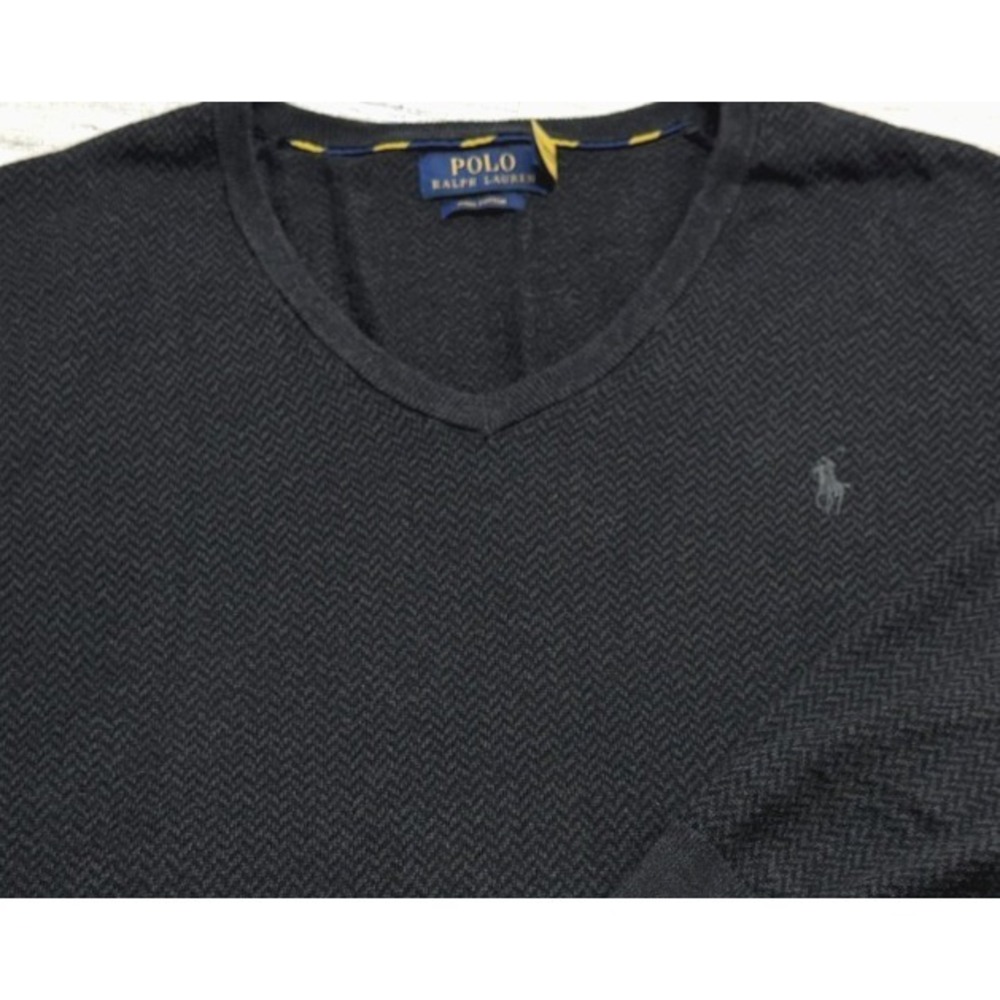 Polo Ralph Lauren V-Neck Herringbone Black Gray Sweater Pullover Size XL XLARGE